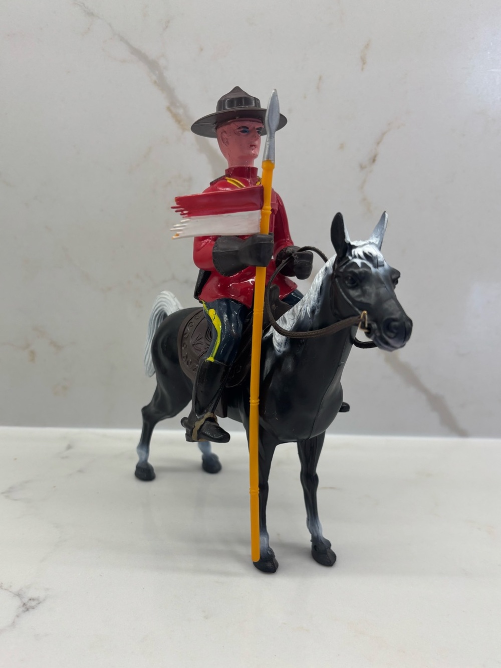 Vintage Toy Canadian Mountie on Horse with Saddle and Flag Souvenir RCMP